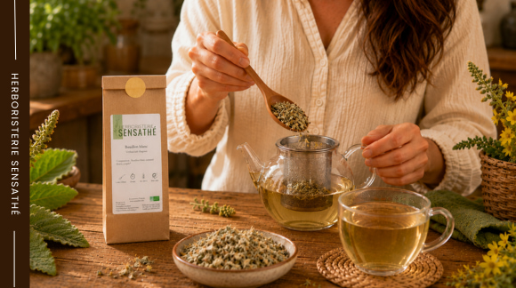 Personne préparant une tisane de bouillon-blanc dans une théière avec filtre, fleurs de molène en vrac contre la toux sèche et irritante - Herboristerie Sensathé Personne préparant une tisane de bouillon-blanc dans une théière avec filtre, fleurs de molène en vrac contre la toux sèche et irritante - Herboristerie Sensathé